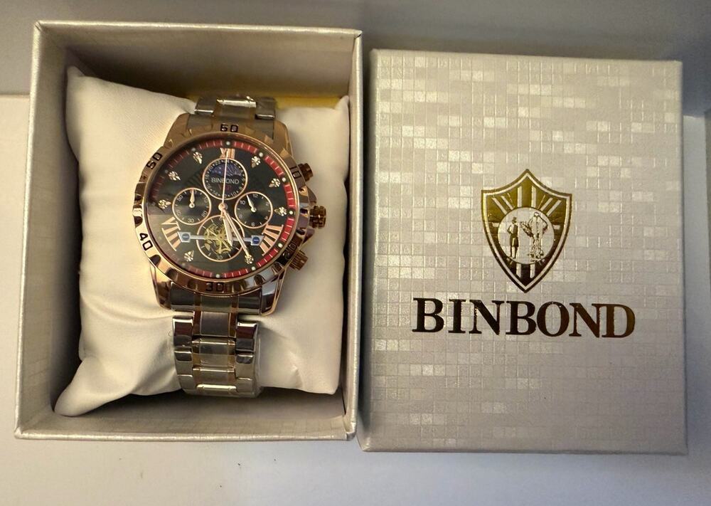 Binbond Mens Two Tone Rose Gold Stainless Steel Watch Black Dial Moon Phase NEW
